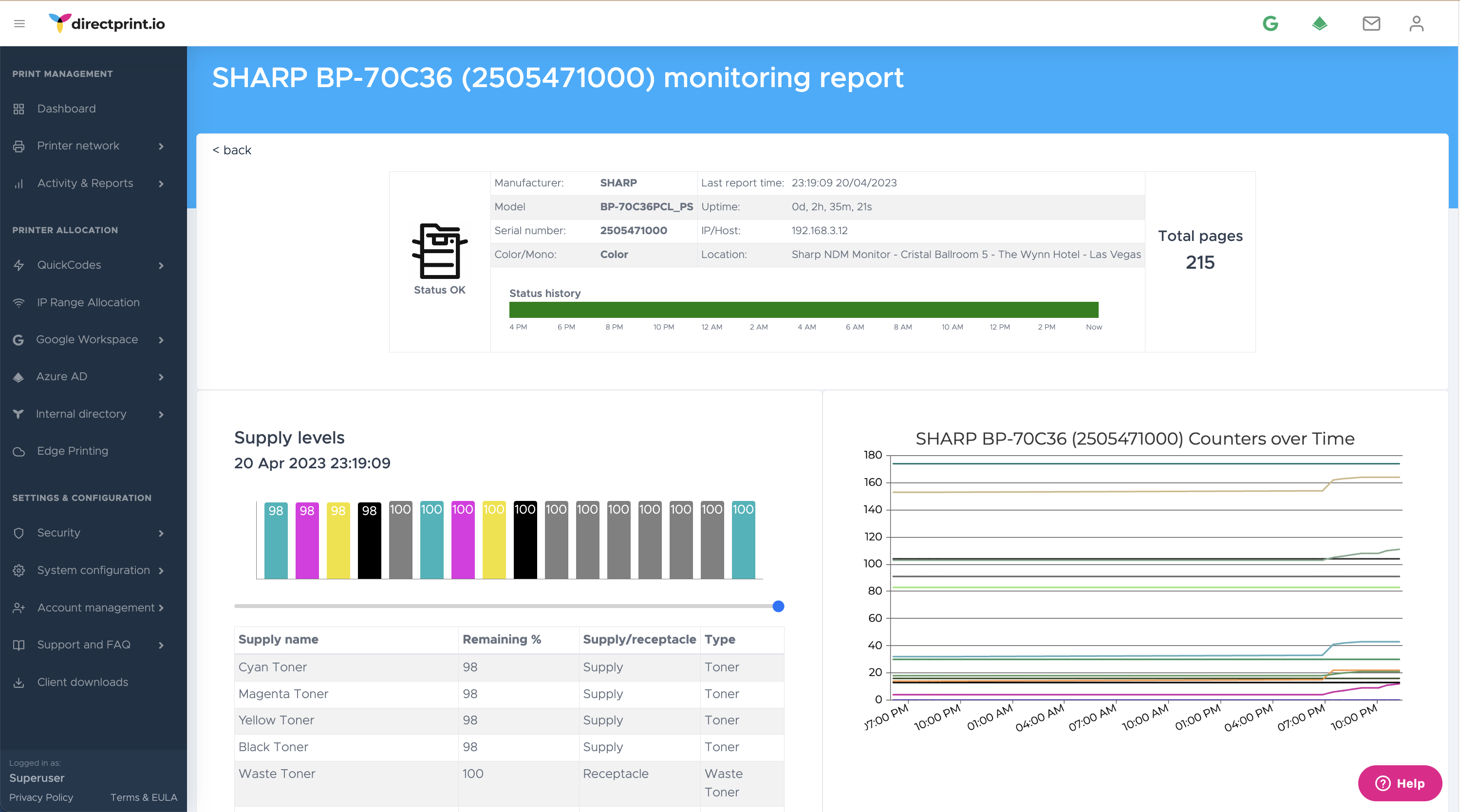 printer monitoring screenshot showing printing levels